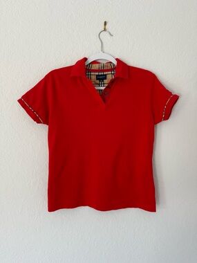Burberry Golf Red Polo Shirt Nova Check Trim 100% Cotton Women’s Size XS